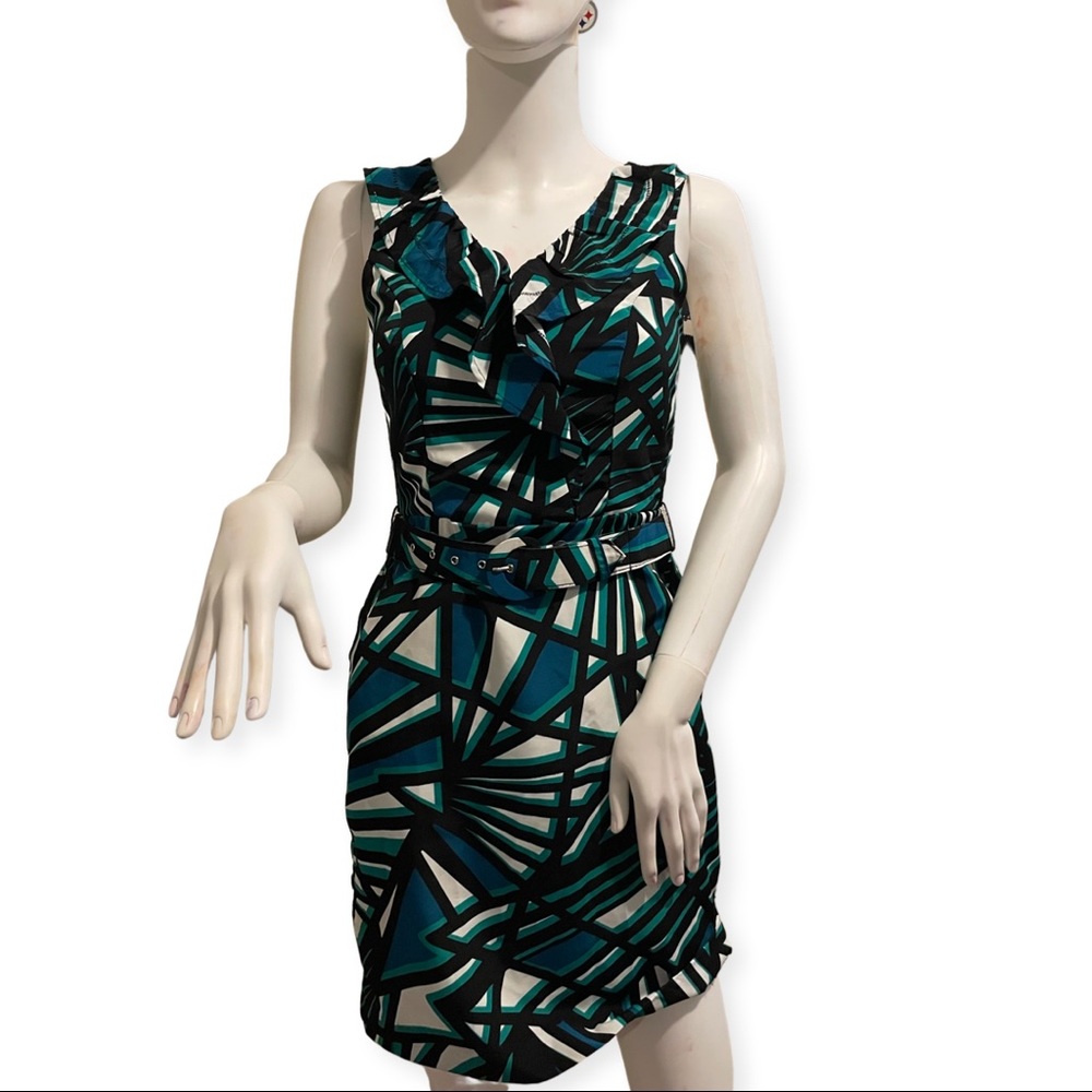 Banana Republic Green Blue Geometric Striped Belted Sleeveless Ruffle Dress!